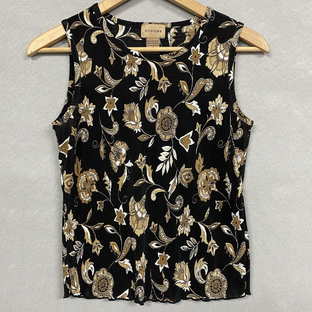Choices Women Small Tank Top Black Floral Accordion Pleat 90s Vintage Eclectic